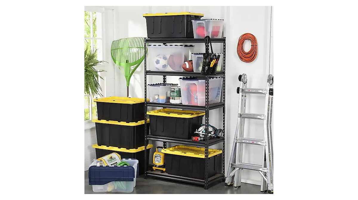 Totes organized with labels on garage shelving